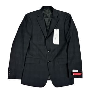 Calvin Klein Mens X Slim Fit Wool Blend Stretch Plaid Suit Jacket Black Blue 40R
